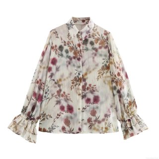 Women's Floral Print Chiffon Shirt With Metallic Gold Stripes Ruffle Flared Cuffs Long Sleeve Lapel Button Down Blouse Casual Elegant Office Tops