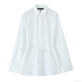 Women's Casual Cotton Linen Blend Long Sleeve Shirt Turn-down Collar Waist Drawstring Solid Color Blouse Top For Ladies