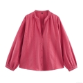 Elegant Cotton Blend Hollow Out Embroidery Long Sleeve Blouse Women V Neck Button Up Shirt For Party Dating Lady Fashion Tops