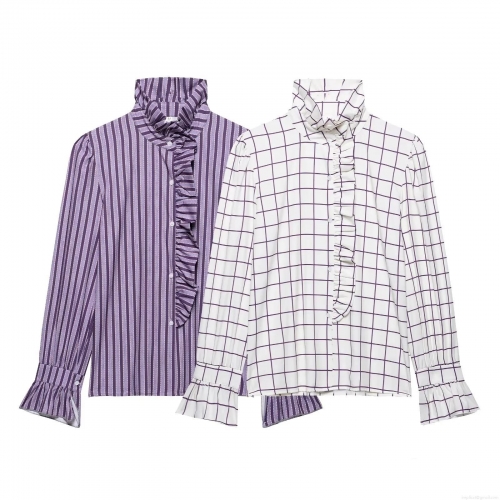 French Retro Ruffle High Neck Long Sleeve Plaid Striped Polyester Blouse Shirt For Women Elegant Office Lady Button Down Tops