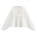 Women's Vintage Embroidered White Blouse V-Neck Long Sleeve Cotton Blend Top Casual Bohemian Crinkled Texture Shirt With Ruffle Cuffs For Women Elegant Loose Fit Summer Spring Apparel