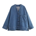 Women's Casual Oversized Blue Denim Shirt Long Sleeve Drop Shoulder Single Breasted Blouse With Pocket Side Split Cotton Denim Jacket Top