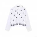 Women's Floral Embroidered Poplin Shirt 100% Polyester Long Sleeve Button Down Blouse with Scalloped Hollow Hem Casual Fashion Tops for Women