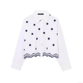Women's Floral Embroidered Poplin Shirt 100% Polyester Long Sleeve Button Down Blouse with Scalloped Hollow Hem Casual Fashion Tops for Women
