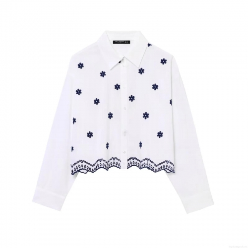 Women's Floral Embroidered Poplin Shirt 100% Polyester Long Sleeve Button Down Blouse with Scalloped Hollow Hem Casual Fashion Tops for Women