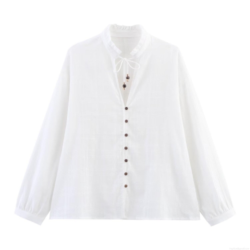 Elegant Women's White Long Sleeve Blouse Featuring Ruffle Stand Collar Tied Neckline Wood Buttons Polyester Casual Plain Solid Color Blouses Shirt Top
