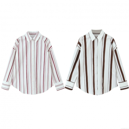 Women's Elegant Striped Poplin Shirt Long Sleeve Button Down Blouse Polyester Casual Office Tops For Women
