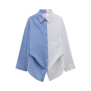 Women's Fashion Asymmetric Striped Patchwork Shirt Elegant Long Sleeve Gold Button Down Blouse Casual Office Poplin Top