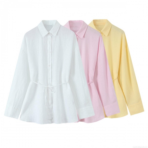 Elegant Women Long Sleeve Linen Blend Lapel Shirt Solid Color Waist Drawstring Button Down Blouse For Spring Daily Casual Office