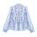 Elegant Women's V-Neck Floral Print Ruffle Blouse Long Sleeve Polyester Tops Casual Office Sweet Shirt For Women