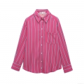 Women's Sweet Fresh Striped Long Sleeve Shirt Button Down Lapel Blouse With Chest Pocket Casual Polyester Spandex Top For Daily Vacation Office Wear