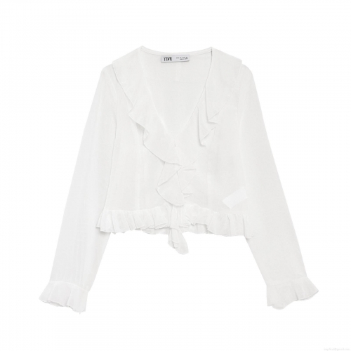 Elegant White V-Neck Chiffon Blouse For Women Ruffle Long Sleeve Cropped Shirt Fashion Sweet Solid Color Polyester Tops Ladies Daily Wear