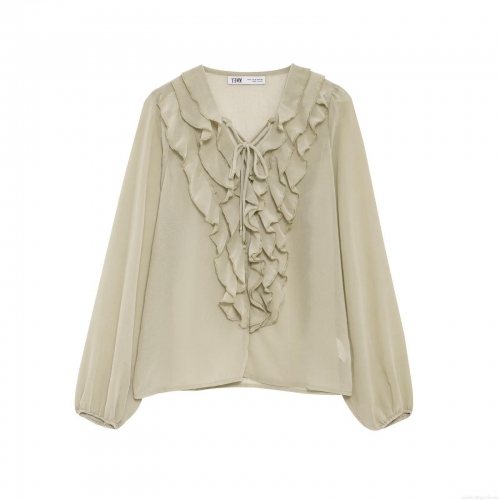 Women's Elegant Ruffle V-Neck Tie-Up Chiffon Blouse Street Style Semi-Sheer Long Sleeve Lantern Sleeve Shirt For Party Daily Wear