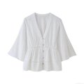 Elegant White V-Neck Lace Blouse For Women Vintage Textured Long Flared Sleeve Button Up Shirt French Sweet Smocked Waist Tops For Party Daily