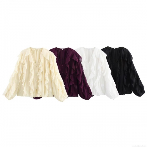 Women's Elegant Ruffle Trim Chiffon Blouse V Neck Long Lantern Sleeve Solid Color Button Down Shirt Casual Lightweight Polyester Tops for Dating Office
