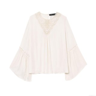 Women Elegant Lace Patchwork Blouse Flare Sleeve Pleated V-Neck Long Sleeve Top Chiffon Style Solid Color Shirt For Party Daily Spring Autumn