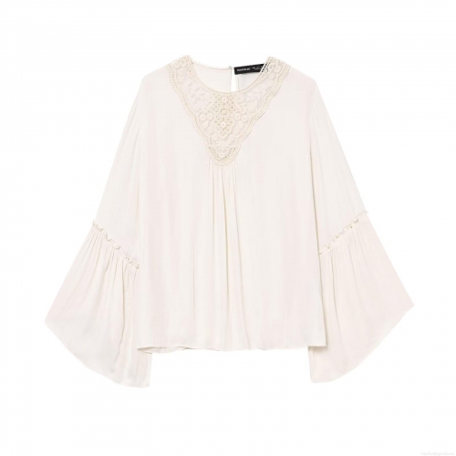 Women Elegant Lace Patchwork Blouse Flare Sleeve Pleated V-Neck Long Sleeve Top Chiffon Style Solid Color Shirt For Party Daily Spring Autumn