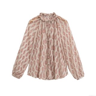 Women's Paisley Print Chiffon Blouse With Gold Lurex Metallic Thread Ruffle Stand Collar Long Lantern Sleeve Single Breasted Casual Shirt Top