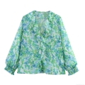 Women's Floral Print Chiffon Blouse Elegant Ruffle Trim Long Sleeve Pullover Top For Casual Daily Wear Sweet Style Lady Shirt