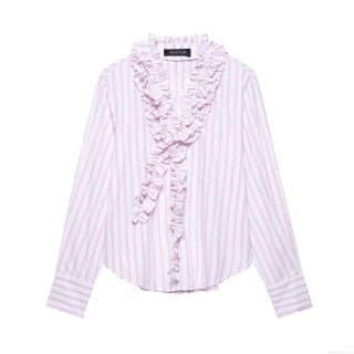 Women Sweet Pink White Vertical Striped Long Sleeve Blouse With Ruffle Trim V Neck Elegant Casual Button Down Shirt Tops