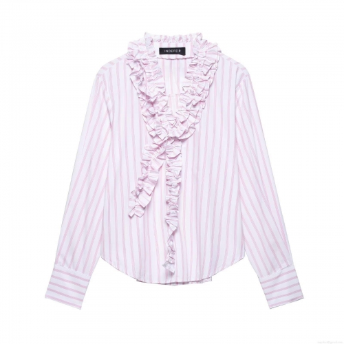 Women Sweet Pink White Vertical Striped Long Sleeve Blouse With Ruffle Trim V Neck Elegant Casual Button Down Shirt Tops