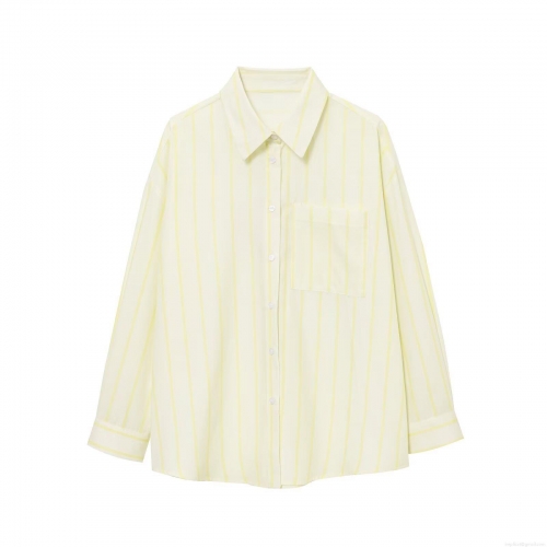 Women Casual Vertical Striped Long Sleeve Shirt Button Down Lapel Collar Blouse With Chest Pocket Loose Fit Polyester Tops For Daily Office Wear