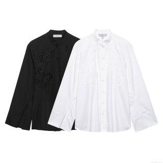 Women's Elegant Stand Collar Long Sleeve Embroidery Blouse Polyester White Black Floral Beadwork Shirt With Slit Cuffs For Daily Office Wear
