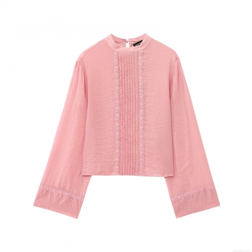 Women's Elegant Tencel Pink Blouse With Lace Trim Pleated Ruffles Long Sleeve Standing Collar Sweet Shirt For Daily Office Party Ladies Tops