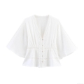 Women's Elegant Solid Color Lace Trim V Neck Blouse Short Sleeve Pleated Button Up Shirt Sweet Summer Top For Lady
