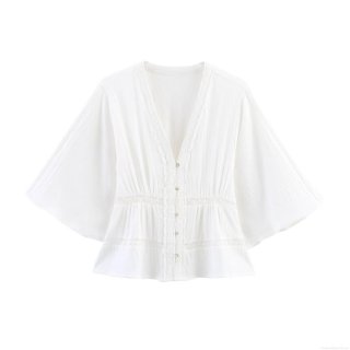 Women's Elegant Solid Color Lace Trim V Neck Blouse Short Sleeve Pleated Button Up Shirt Sweet Summer Top For Lady Women's Elegant Solid Color Lace Trim V Neck Blouse Short Sleeve Pleated Button Up Shirt Sweet Summer Top For Lady