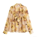 Women's Elegant Chiffon Floral Blouse With Bow Tie Neck Vintage Long Sleeve Ruffle Shoulder Printed Shirt Top For Daily Dating Party