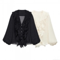 Women's Elegant V-Neck Ruffle Blouse Long Sleeve Button Down Shirt Chic Layered Ruffled Tops For Dating Party Ladies Solid Color Polyester Blouse