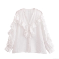 Women's White Ruffle Long Sleeve Blouse V-Neck Layered Decorative Shirt Solid Color Polyester Top for Casual Daily Date Wear Office Lady Fashion Sweet Style Shirt