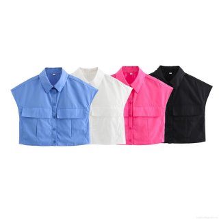 Women's Sleeveless Crop Shirt Solid Color Polyester Button Down Blouse Top With Flap Pockets Casual Workwear Style Summer Outfits For Women Women's Sleeveless Crop Shirt Solid Color Polyester Button Down Blouse Top With Flap Pockets Casual Workwear Style Summer Outfits For Women