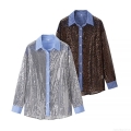 Women Sequin Long Sleeve Shirt Shiny Glitter Contrast Striped Lapel Blouse Casual Loose Oversized Party Button Down Top Glamorous Clubwear Polyester Tops
