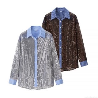 Women Sequin Long Sleeve Shirt Shiny Glitter Contrast Striped Lapel Blouse Casual Loose Oversized Party Button Down Top Glamorous Clubwear Polyester Tops
