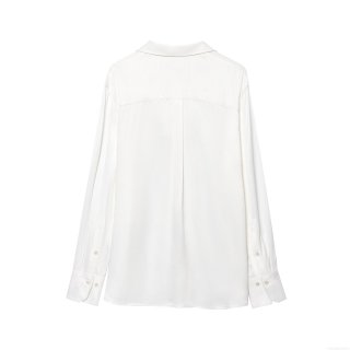 Elegant Women's Satin Blouse Solid Color Long Sleeve Button Down Pocket Top For Daily Office Wear Loose Fit Chic Polyester Butterfly Crepe Shirt