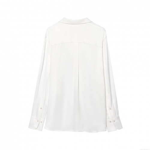 Elegant Women's Satin Blouse Solid Color Long Sleeve Button Down Pocket Top For Daily Office Wear Loose Fit Chic Polyester Butterfly Crepe Shirt