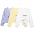 Women's Long Sleeve Blouse Polyester Blend Bow Tie V-Neck Striped Solid Color Shirt Casual Elegant Tops For Women Spring Autumn