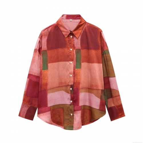 Women's Abstract Geometric Print Long Sleeve Shirt Satin Polyester Lapel Button Down Blouse Fashion Casual Office Top For Women Red Orange