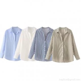 Women's Casual Poplin Shirt Long Sleeve Button Down Solid Color and Vertical Striped Blouse Elegant Office Work Tops for Women