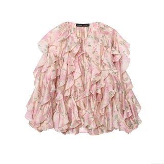 Women's Pink Floral Chiffon Blouse Elegant Multi Layered Ruffle Long Sleeve Shirt Sweet Lace Up Round Neck Casual Party Top For Ladies