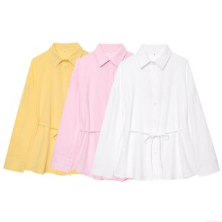 Women's Casual Long Sleeve Blouse Shirt With Waist Tie Lapel Collar Button Down Loose Fitting Polyester Top For Daily Dating Spring Autumn