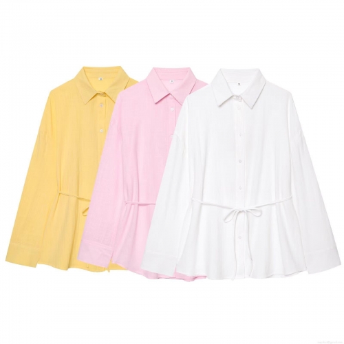 Women's Casual Long Sleeve Blouse Shirt With Waist Tie Lapel Collar Button Down Loose Fitting Polyester Top For Daily Dating Spring Autumn