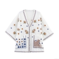 Women's Long Sleeve Blouse 85% Cotton Floral Embroidered V Neck Shirt Loose Casual Bohemian Style Tops For Women Elegant Breathable Comfortable Vacation Clothing
