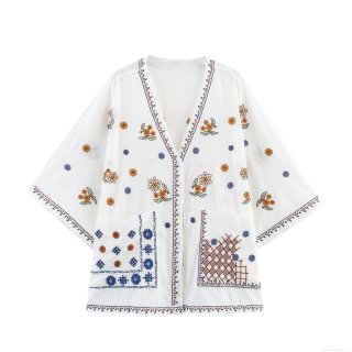 Women's Long Sleeve Blouse 85% Cotton Floral Embroidered V Neck Shirt Loose Casual Bohemian Style Tops For Women Elegant Breathable Comfortable Vacation Clothing