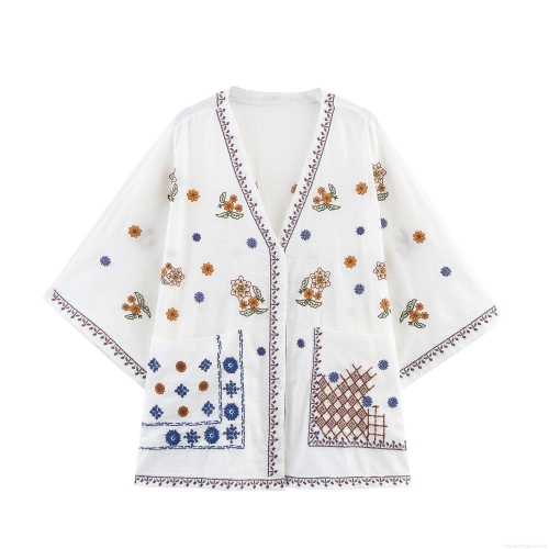 Women's Long Sleeve Blouse 85% Cotton Floral Embroidered V Neck Shirt Loose Casual Bohemian Style Tops For Women Elegant Breathable Comfortable Vacation Clothing