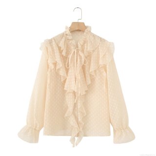 Women Elegant French Ruffle Tie-Neck Blouse Vintage Swiss Dot Sheer Chiffon Long Sleeve Shirt Apricot Sweet Lady Tops For Casual Office Party Dating
