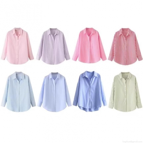 Women's Striped Poplin Long Sleeve Shirt Casual Button Down Lapel Blouse For Office Work Daily Wear Elegant Tops For Women