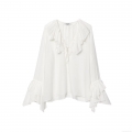 Women's Ruffle V Neck Blouse Polyester Peach Skin Crepe Tie Front Loose Flare Sleeve Shirt Vintage French Style Solid White Top For Women